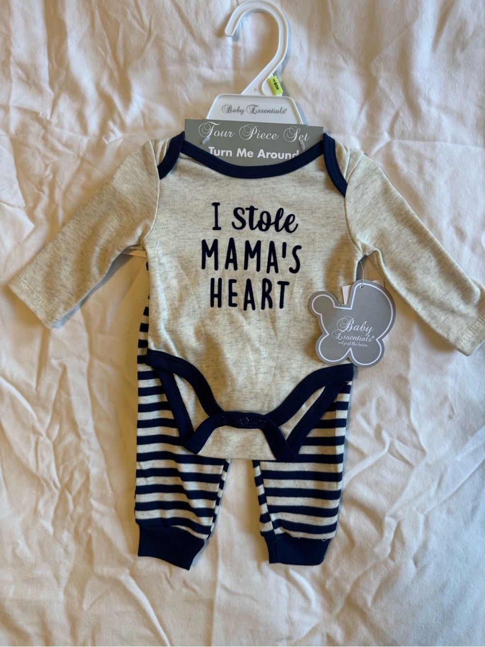 Baby Essentials Beige and Navy Striped 'I Stole Mama's Heart' One-Piece